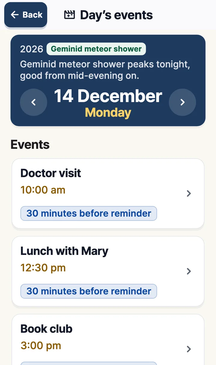 Day view with a doctor’s visit at 10:00 am, lunch with Mary at 12:30 pm and book club at 3:00 pm, each with a reminder 30 minutes before
