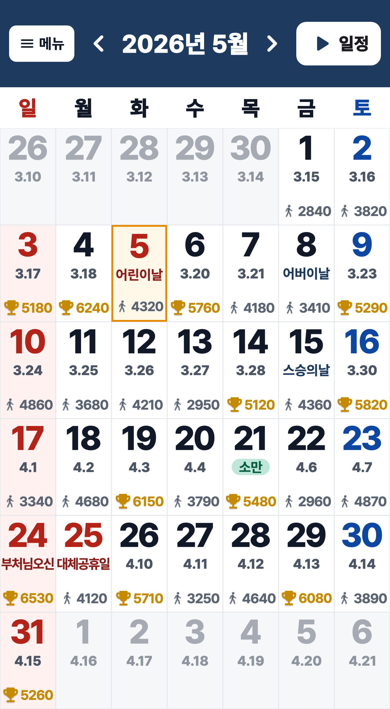 12일 아래 음력 3월 26일과 4,210걸음이 표시된 날짜 칸