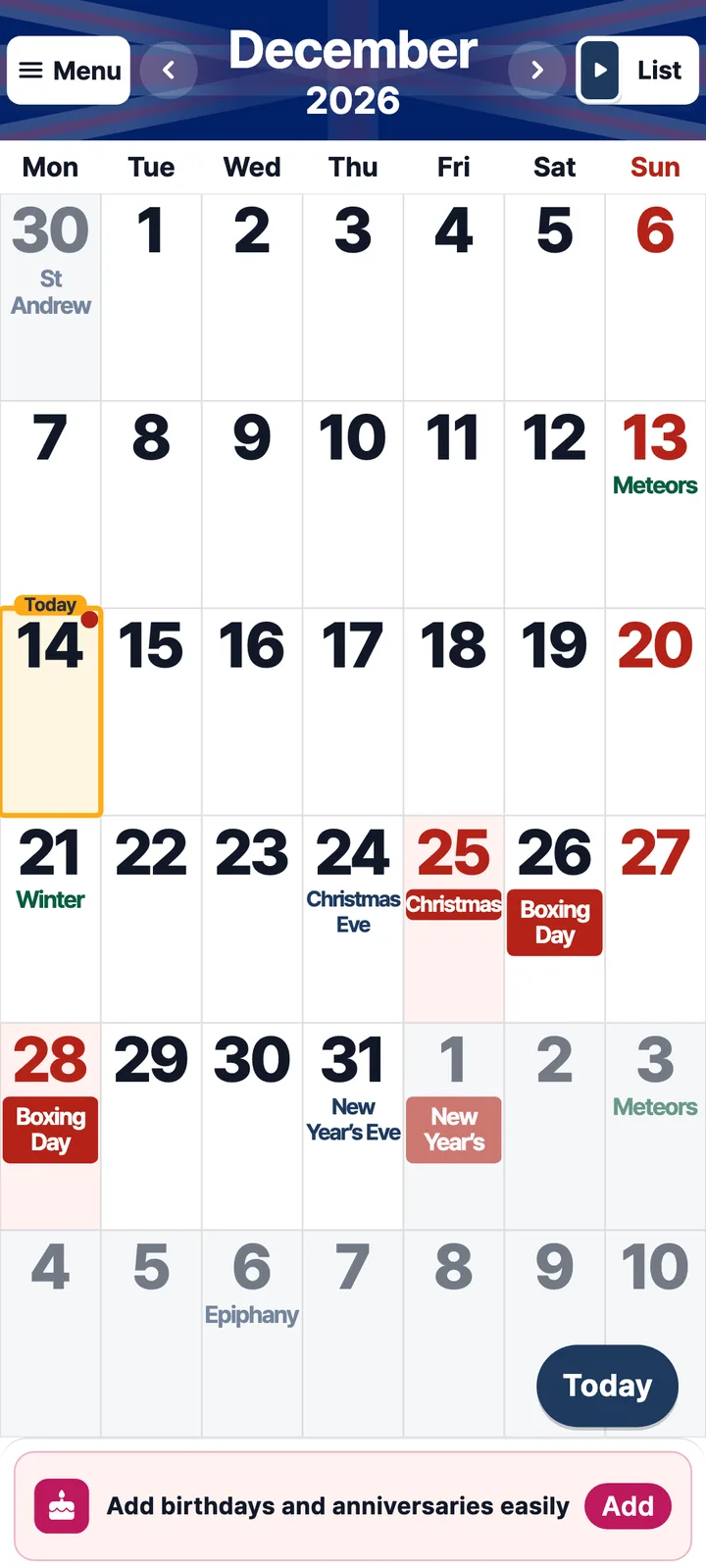 December 2026 month view with big dates, Christmas Day, Boxing Day and St Andrew’s Day