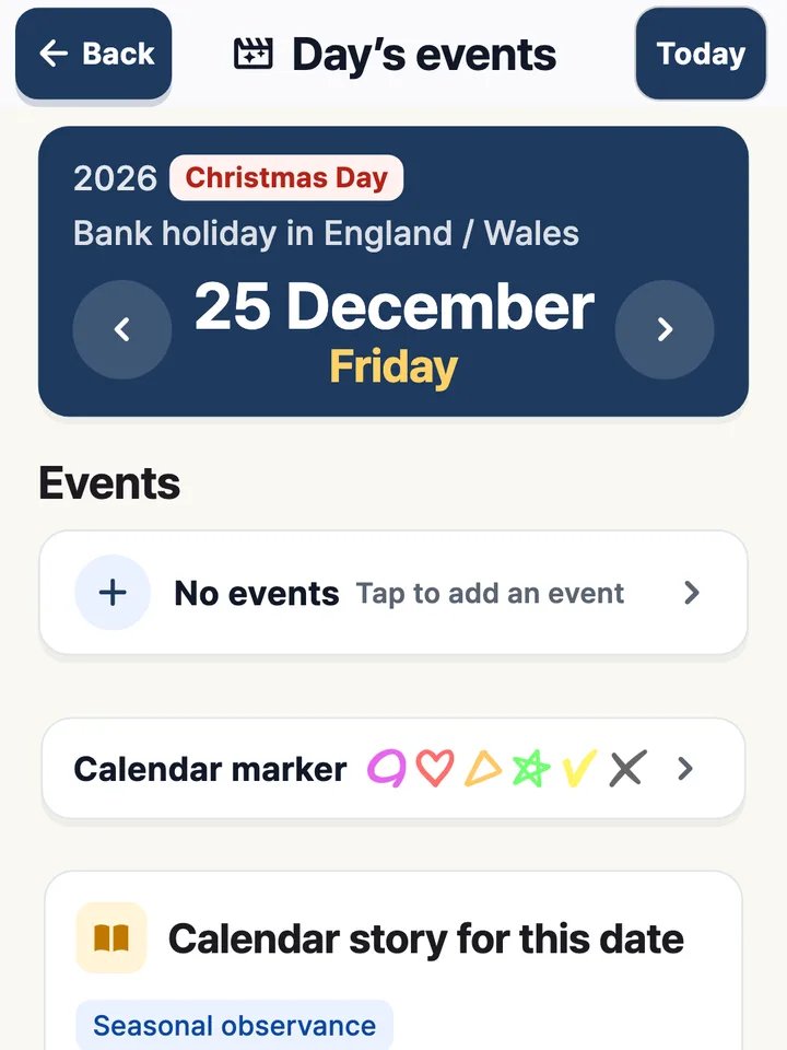 Christmas Day, a bank holiday in England and Wales, with a calendar story for the day