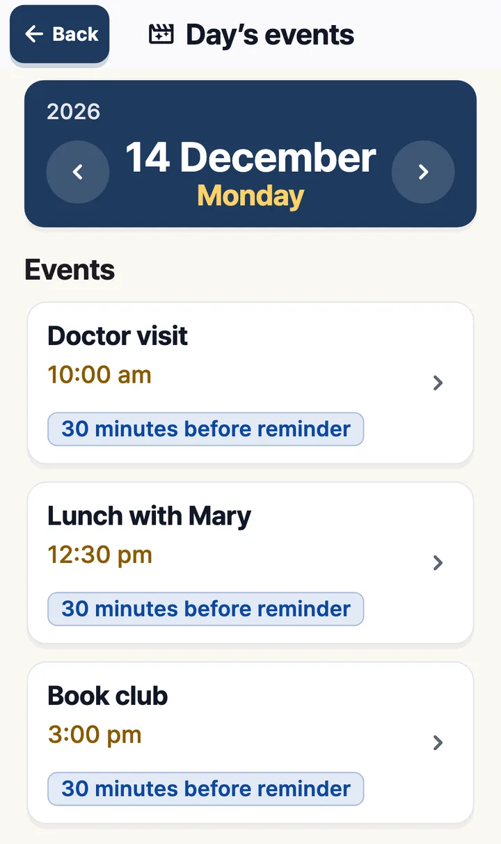 Day view with a doctor’s visit at 10:00, lunch with Mary at 12:30 and book club at 15:00, each with a reminder 30 minutes before