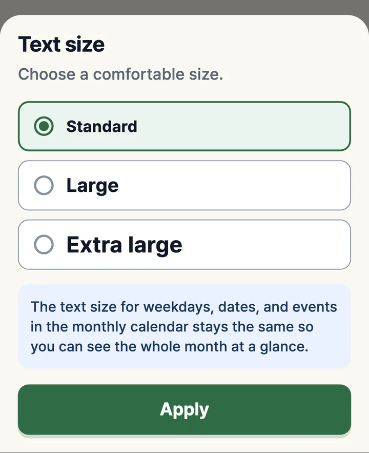 Text size settings with Standard, Large and Extra large