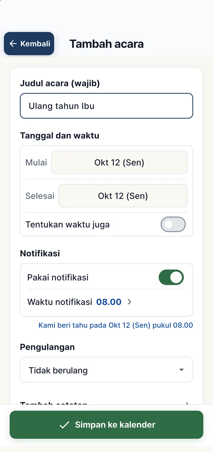Layar tambah acara: Ulang tahun Ibu dengan notifikasi
