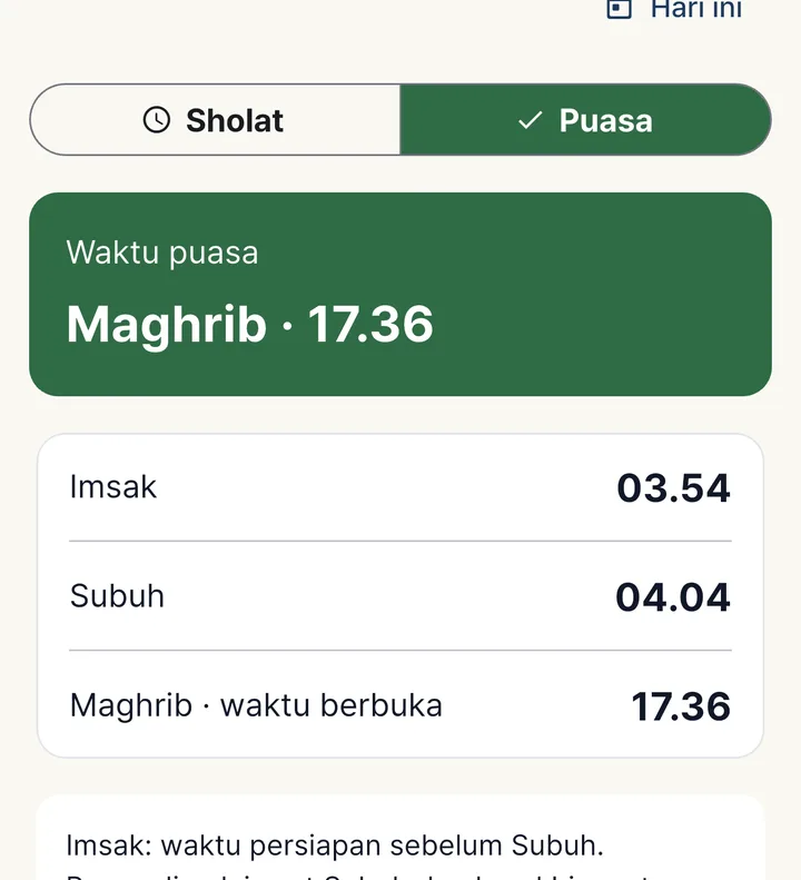 Waktu puasa: Imsak 03.54, Subuh 04.04, Maghrib waktu berbuka 17.36
