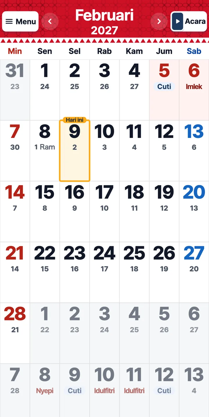 Kalender Februari 2027 dengan Imlek dan tanggal Hijriah di bawah tanggal Masehi