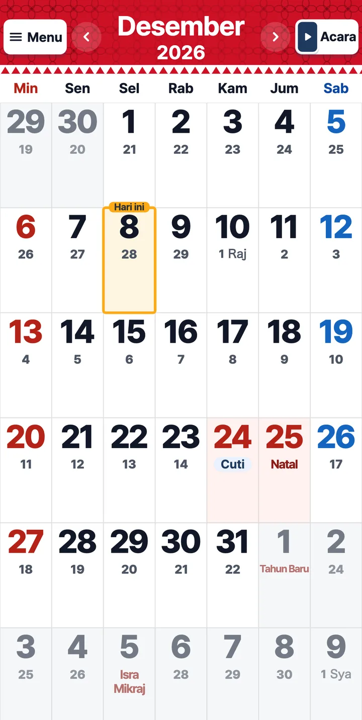 Kalender Desember 2026 dengan hari libur Natal dan cuti bersama