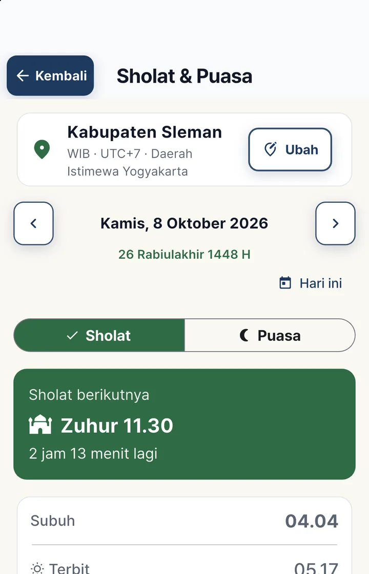 Jadwal sholat Kabupaten Sleman: sholat berikutnya Zuhur 11.30