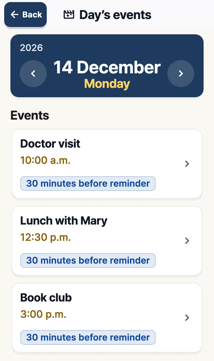 Day view with a doctor’s visit at 10:00, lunch with Mary at 12:30 and book club at 15:00, each with a reminder 30 minutes before