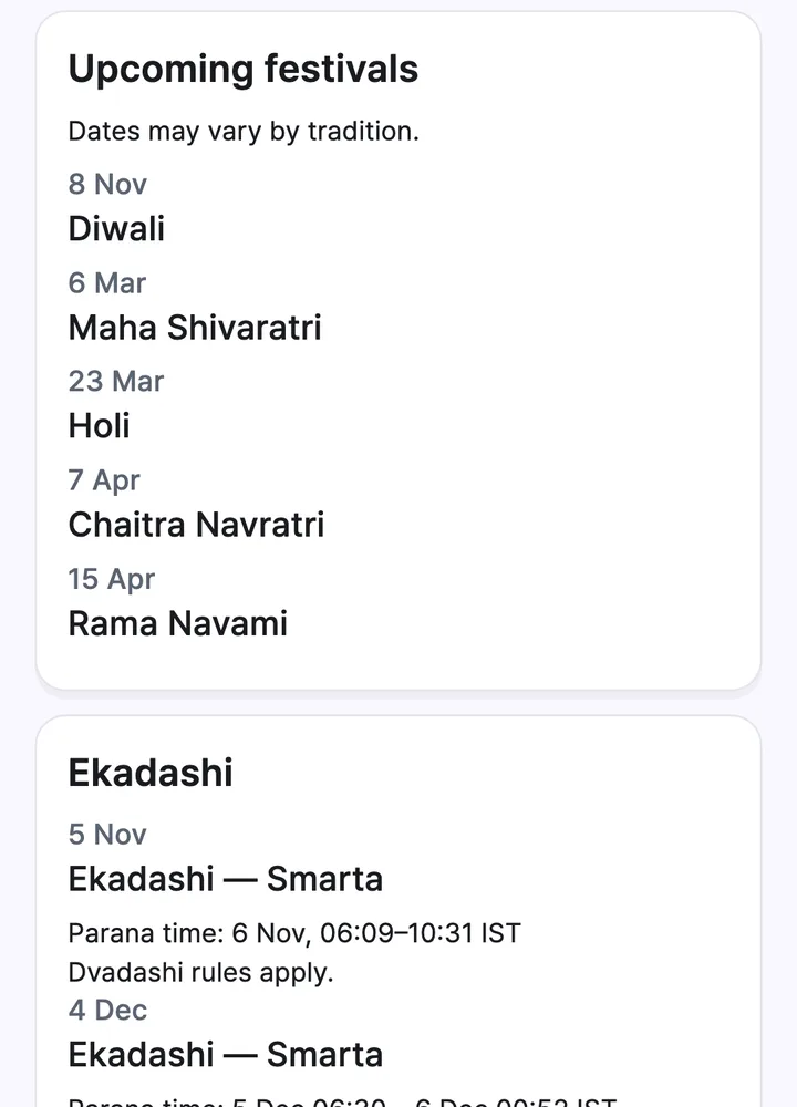 Upcoming festivals like Diwali and Holi, and Ekadashi with parana time