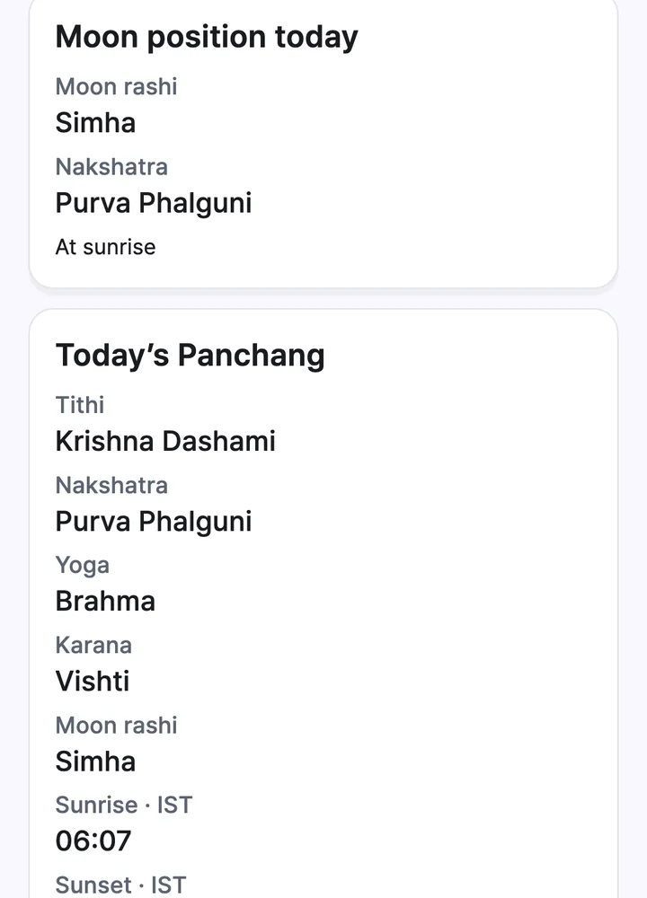 Today's Panchang with tithi, nakshatra, yoga and karana