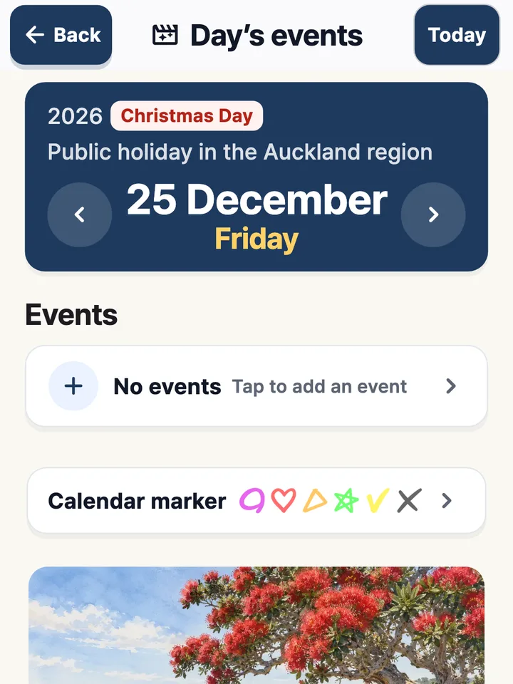 Christmas Day, a public holiday in the Auckland region, in the day view