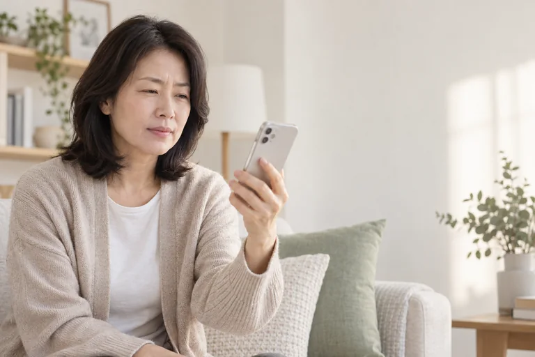 휴대폰의 작은 글씨를 읽으려 화면을 가까이 보는 여성