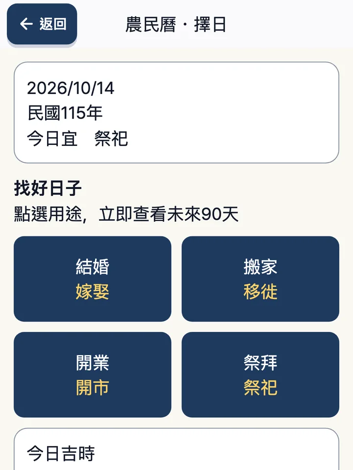 農民曆畫面。今日宜祭祀，以及依用途找好日子的按鈕