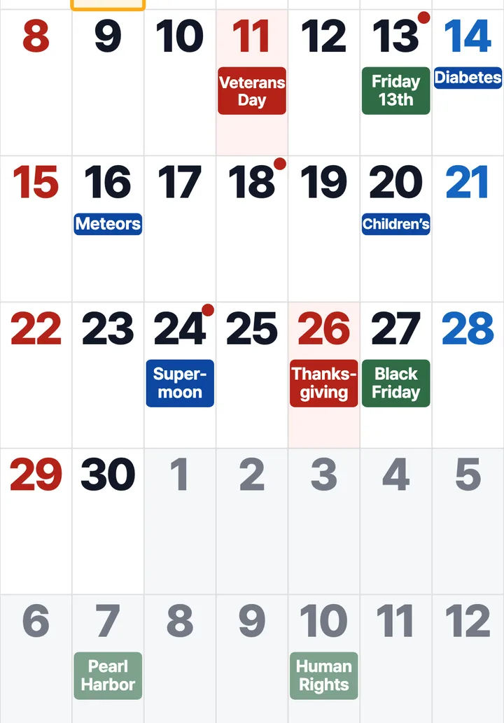 November 2026 dates with colored labels for Veterans Day, Thanksgiving and Black Friday