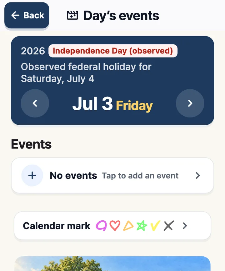 Day view showing Independence Day (observed) on Friday, July 3