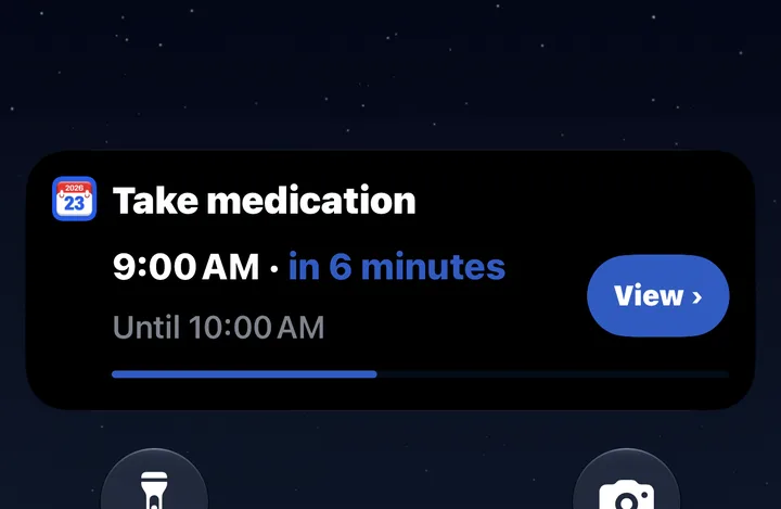 Lock Screen reminder: Take medication at 9:00 AM, in 6 minutes
