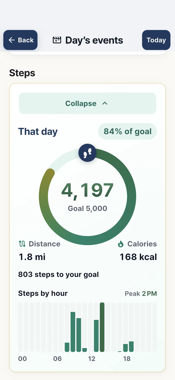 Steps screen showing 4,197 steps, 84% of a 5,000 step goal